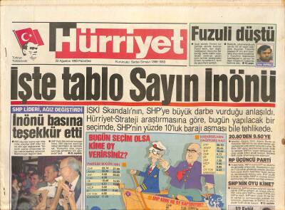 Hürriyet Gazetesi 23 Ağustos 1993 - İnönü Basına Teşekkür Etti - Göknelin Genç Eşi Kuaförde Stres Attı GZ128041 - 1