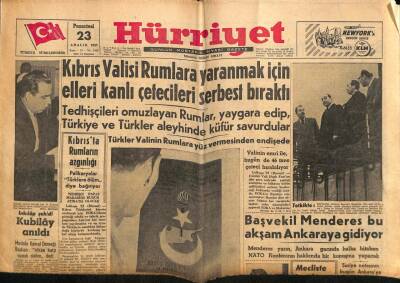 Hürriyet Gazetesi 23 Aralık 1957 - Kıbrıs Valisi Rumlara Yaranmak İçin Elleri Kanlı Çetecileri Serbest Bıraktı GZ90730 - 1