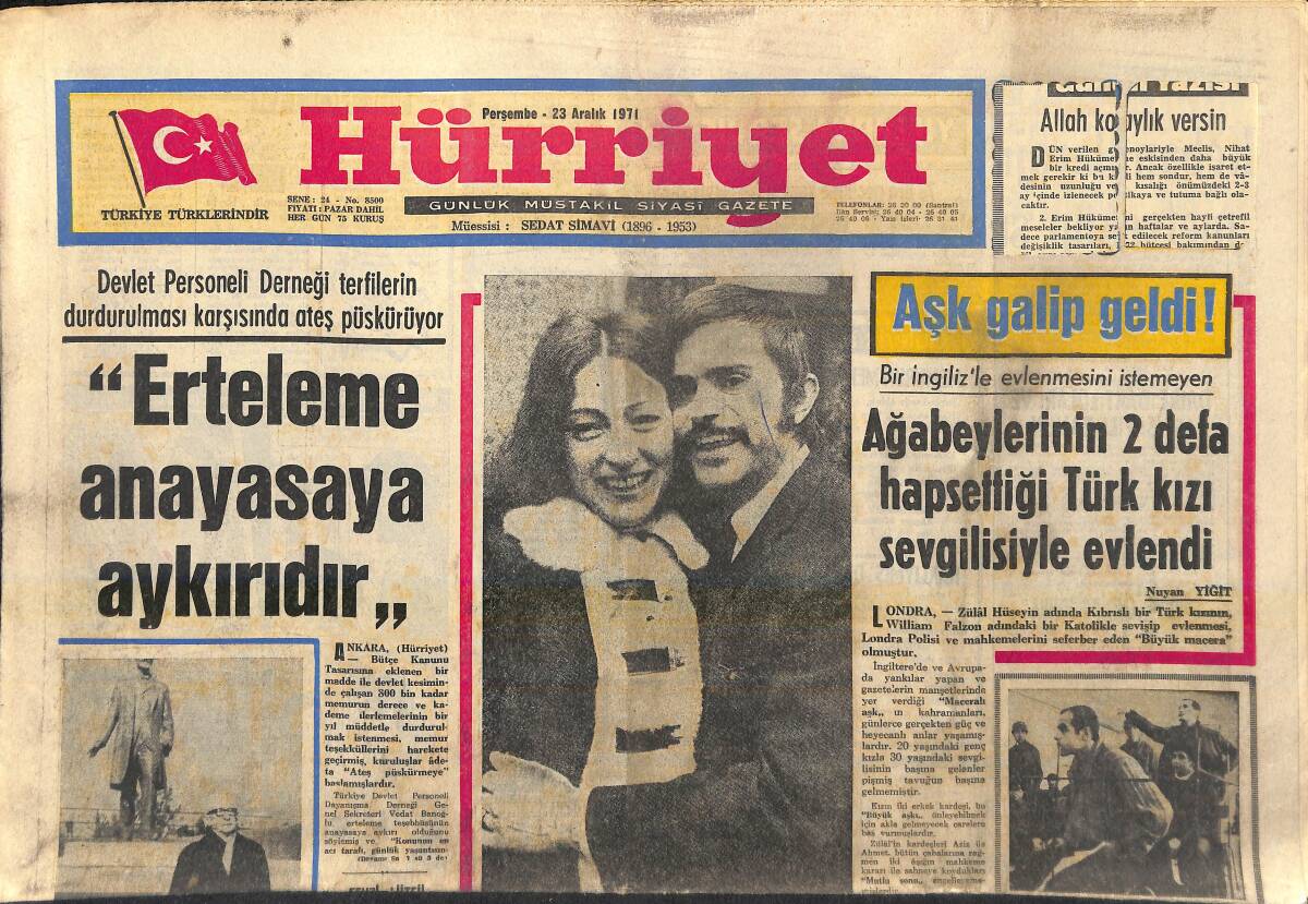 Hürriyet Gazetesi 23 Aralık 1971 - Türkiye'de En Çok Sevilen Artistler Belli Oldu: Elizabeth Taylor Ve Anthony Quinn GZ156955 - 1