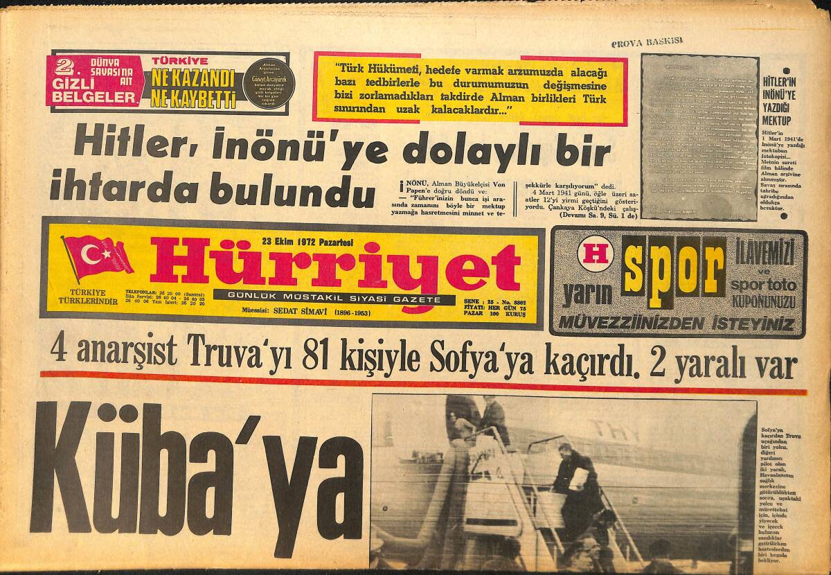 Hürriyet Gazetesi 23 Ekim 1972 - 4 Anarşist Truva'yı 81 Kişiyle Sofya'ya Kaçırdı . 2 Yaralı Var GZ157746 - 1