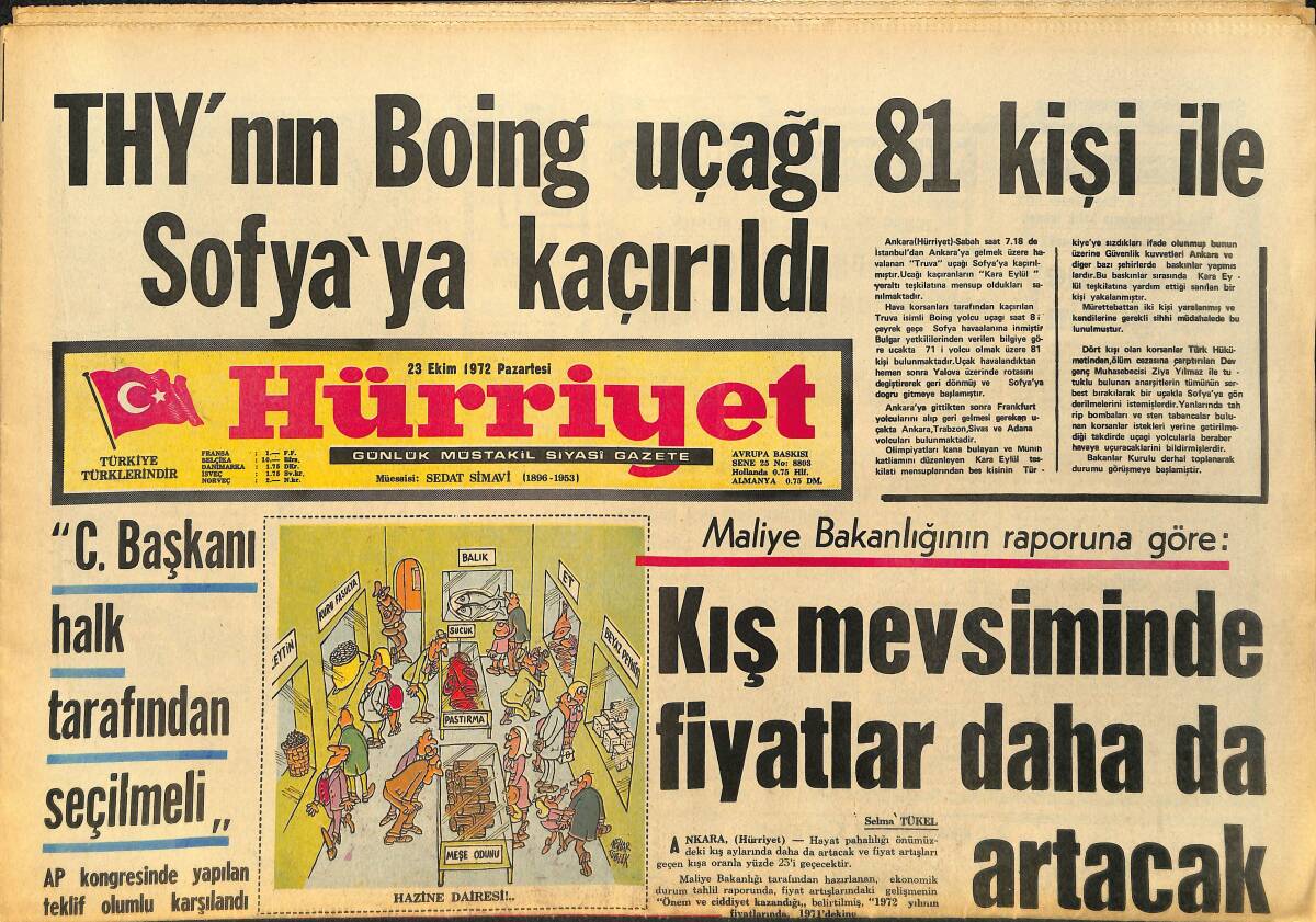 Hürriyet Gazetesi 23 Ekim 1972 - THY'nin Boing Uçağı 81 Kişi İle Sofya'ya Kaçırıldı - Romatizmaya En İyi Çare Türk Hamamı GZ157558 - 1