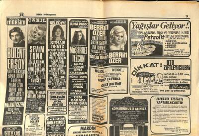 Hürriyet Gazetesi 23 Ekim 1974 - Bülent Ersoy, Sevim Tuna, Berrin Özer Gazino Afişi GZ122547 - 1