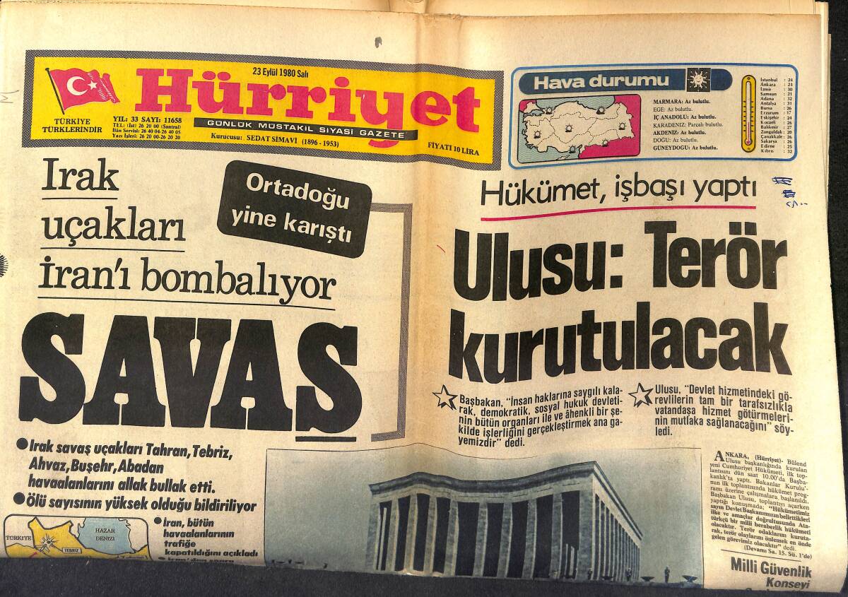 Hürriyet Gazetesi 23 Eylül 1980 - Akaryakıt Bayi Satış Fiyatları Açıklandı - Irak Uçakları İran'ı Bombalıyor GZ147037 - 1