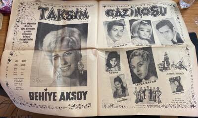 Hürriyet Gazetesi 23 Haziran 1966 - Taksim Gazinosu Dev Boy Afişi * Behiye Aksoy - Orhan Boran - Leylâ Sayar - Erol Büyükburç - Aysel Akın GZ117581 - 2