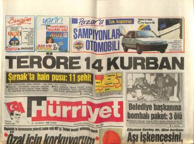 Hürriyet Gazetesi 23 Haziran 1989 - Teröre 14 Kurban, Şırnakta Hain Pusu 11 Şehit GZ61687 - 1