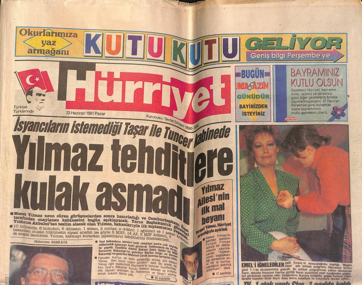 Hürriyet Gazetesi 23 Haziran 1991 - Emel Sayın'ı İğnelediler - Brigitte Bardot: Hayata İnanmak Gerek GZ153371 - 1