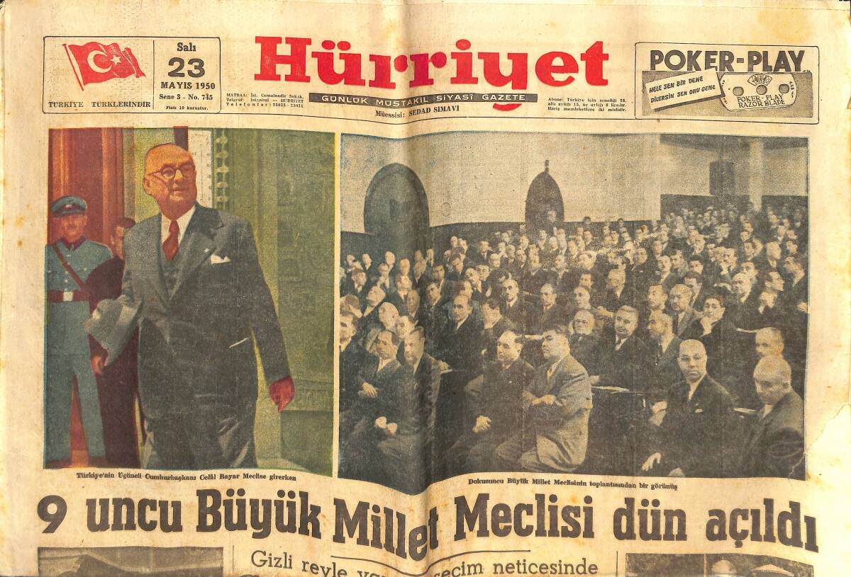 Hürriyet Gazetesi 23 Mayıs 1950 - 9'uncu Büyük Millet Meclisi Dün Açıldı - Cumhurbaşkanlığına Celal Bayar Seçildi! GZ142529 - 1