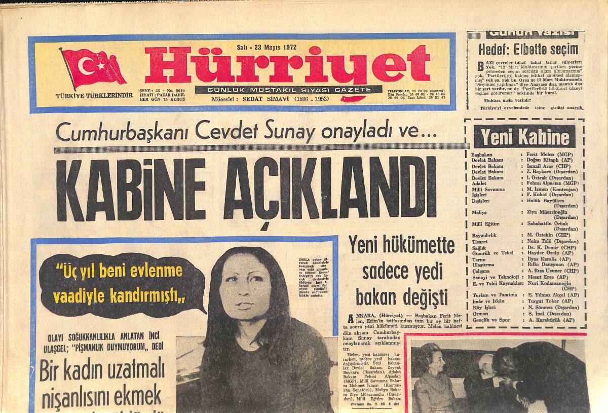 Hürriyet Gazetesi 23 Mayıs 1972 - Çıplak Kadın Fotoğrafı Çekip Milyonlar Kazanıyor - Yeni Hükümette Sadece Yedi Bakan Değişti GZ156897 - 1