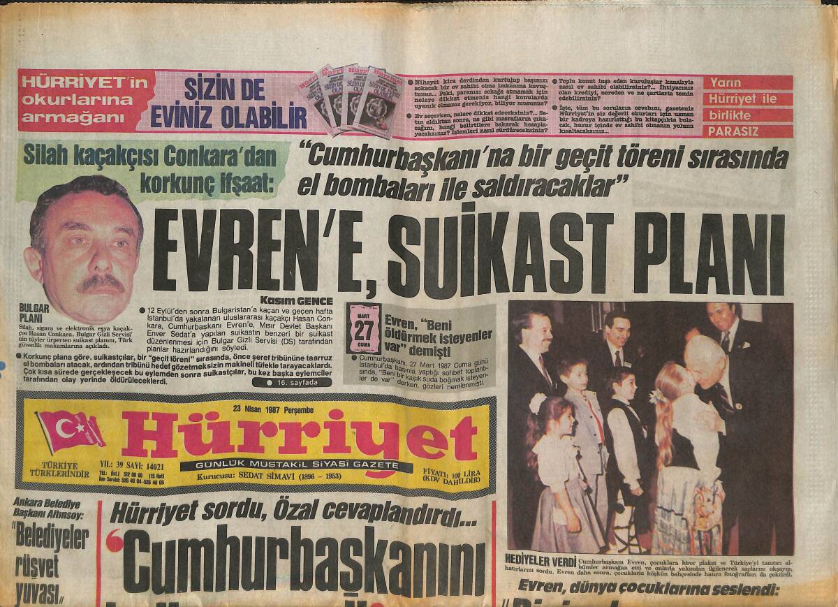 Hürriyet Gazetesi 23 Nisan 1987 - Ve Liz , 500 Milyonluk Broşuyla... - Evren'e Suikast Planı GZ142035 - 1