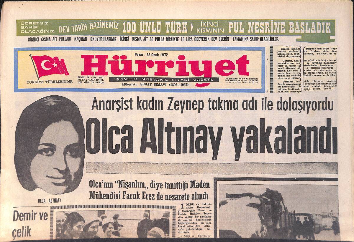 Hürriyet Gazetesi 23 Ocak 1972 - Ağrı'da Hava Sıcaklığı -48'e Düştü - Kolombiya'da 2 Uçak Düştü - Kraliçe Margrethe GZ157025 - 1