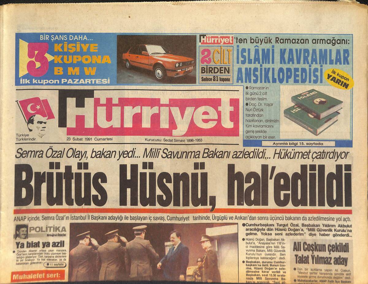 Hürriyet Gazetesi 23 Şubat 1991 - Hükümet Çatırdıyor - Saddam'a Ültimatom - Rıdvan Dilmen İsyan Etti GZ133439 - 1