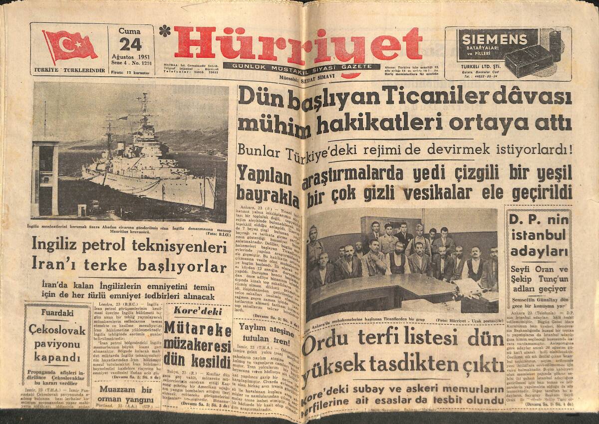 Hürriyet Gazetesi 24 Ağustos 1951 - Ordu Terfi Listesi Dün Yüksek Tasdikten Çıktı - Reylerinizi Kime Vereceksiniz? GZ141934 - 1