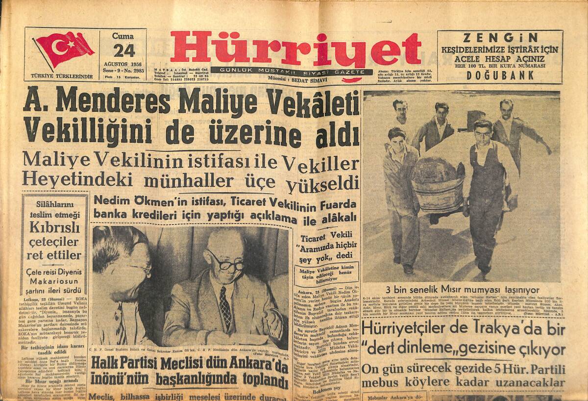 Hürriyet Gazetesi 24 Ağustos 1956 - 3 Bin Senelik Mısır Mumyası Taşınıyor - Yeni Sarışın Bomba Diana Dors Hollywood'u Birbirine Kattı GZ146915 - 1