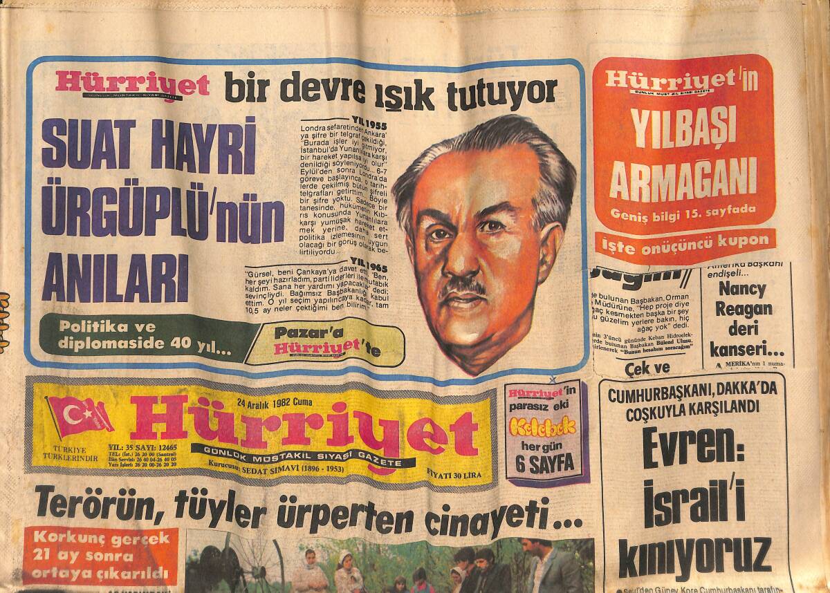 Hürriyet Gazetesi 24 Aralık 1982 - Kafaoğlu : '' Elimizi Cebimize Atıyoruz Para Çıkıyor '' - Evren : İsrail'i Kınıyoruz GZ134420 - 1