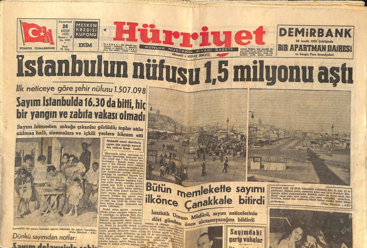 Hürriyet Gazetesi 24 Ekim 1955 - İstanbul'un Nüfusu 1,5 Milyonu Aştı - Ava Gardner Aşkları ve Çapkınlıkları GZ146622 - 1