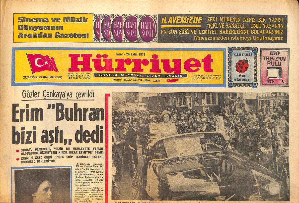 Hürriyet Gazetesi 24 Ekim 1971 - İstanbul , Elizabeth'i Karşıladı - Eyüp Sultan'ın Mübarek Kabri Nasıl Bulundu ? GZ157781 - 1