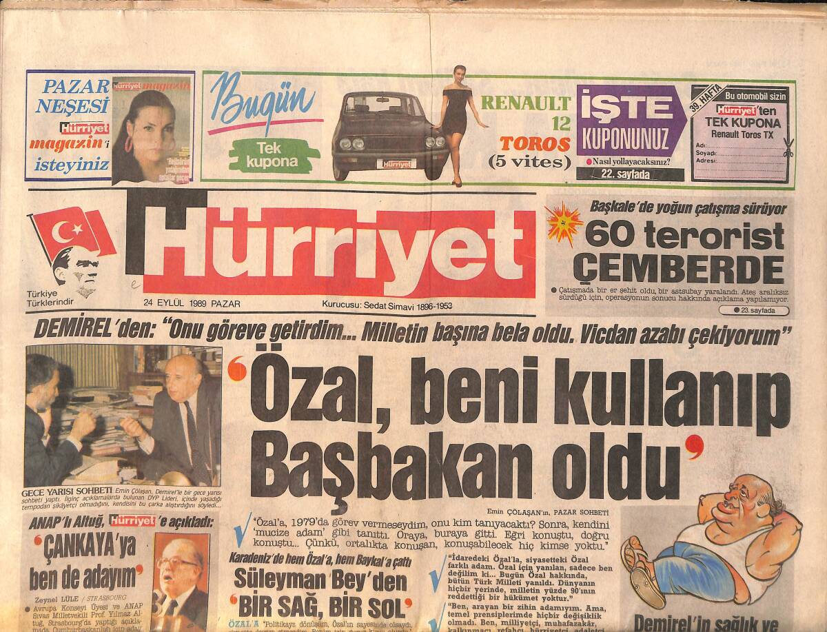 Hürriyet Gazetesi 24 Eylül 1989 - Demirel ''Özal , Beni Kullanıp Başbakan Oldu'' - Fener , Toni'nin Ellerinde GZ160179 - 1