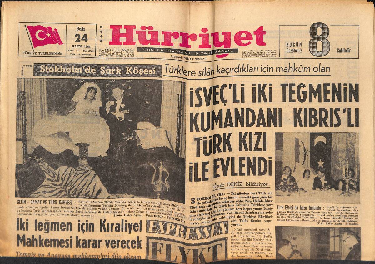 Hürriyet Gazetesi 24 Kasım 1964 - İsveç'li İki Teğmen'in Kumandanı Kıbrıs'lı Türk Kızı İle Evlendi GZ146984 - 1