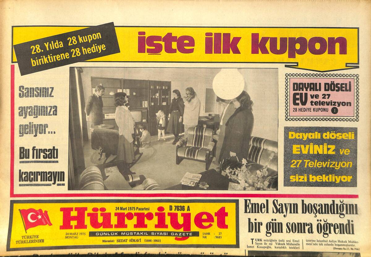 Hürriyet Gazetesi 24 Mart 1975 - Emel Sayın Boşandığını Bir Gün Sonra Öğrendi - Ve Türkan Şoray Yazıyor GZ157515 - 1