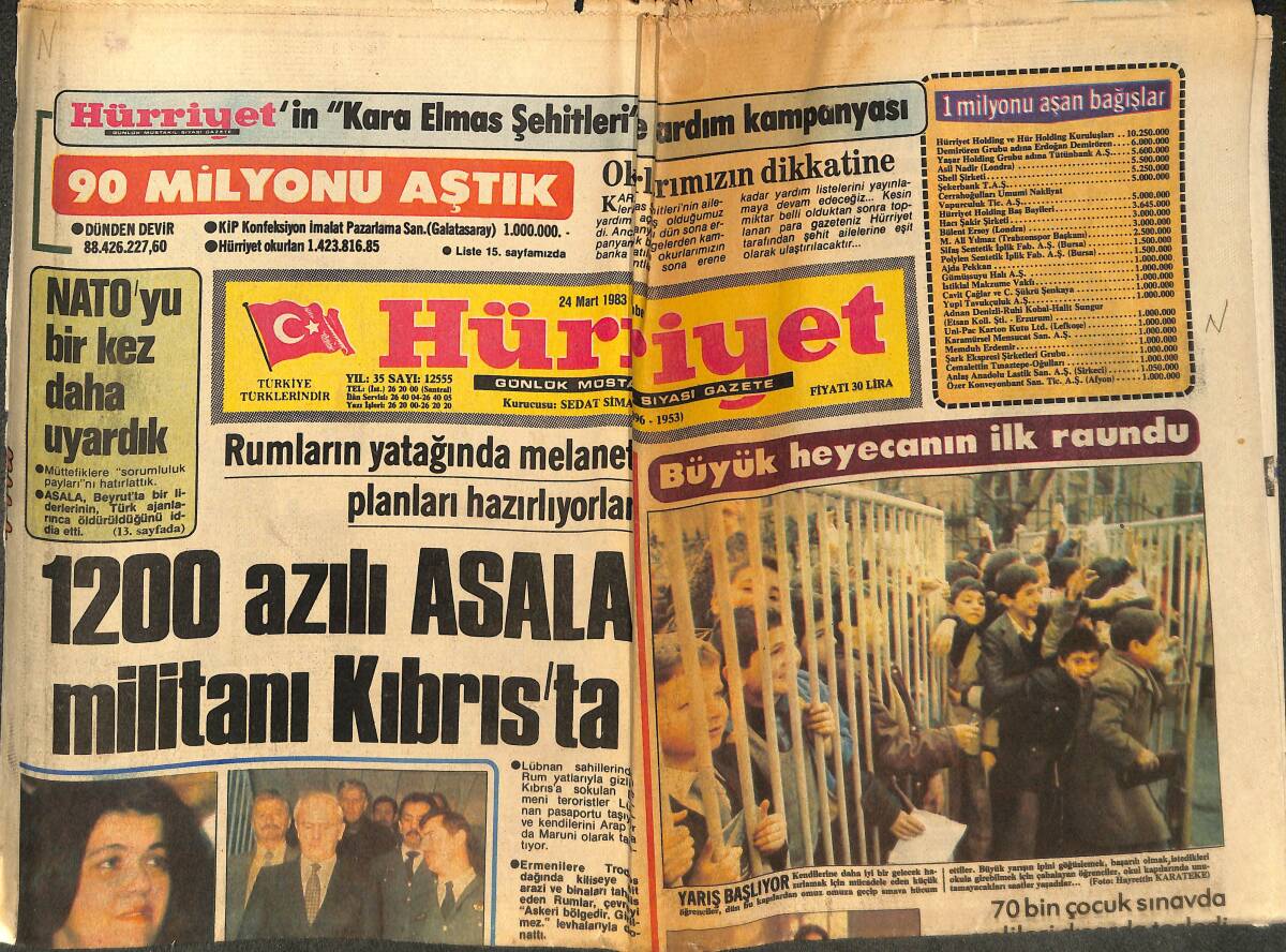 Hürriyet Gazetesi 24 Mart 1983 - 1200 Azılı Asala Militanı Kıbrıs'ta - Beşiktaş Yağmadı, Damladı - Galatasaray Kupa Komasında! GZ142225 - 1