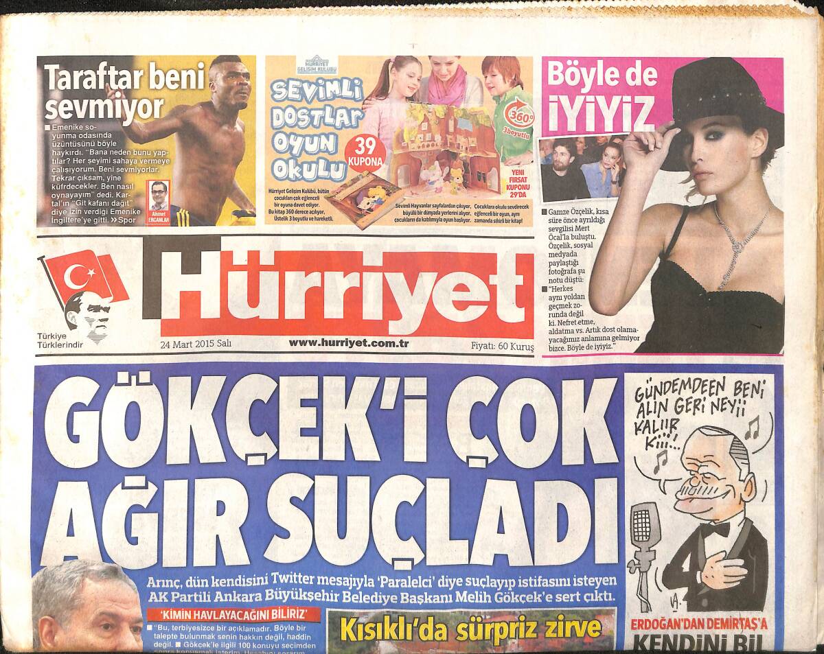 Hürriyet Gazetesi 24 Mart 2015 - Bülent Arınç , Gökçek'i Çok Ağır Suçladı - Taksi Plakaları Taksicilere Satılacak GZ160126 - 1