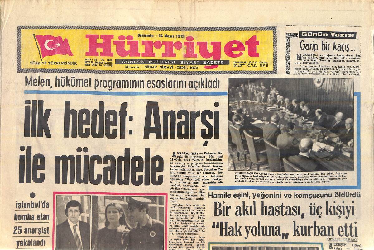 Hürriyet Gazetesi 24 Mayıs 1972 - Kraliçe Elizabeth 73 Defa Kocasından Boşanmak İstemiş - Birinci Nedime Neslihan Sunay Seçileceğini Rüyasında Görmüş GZ156870 - 1