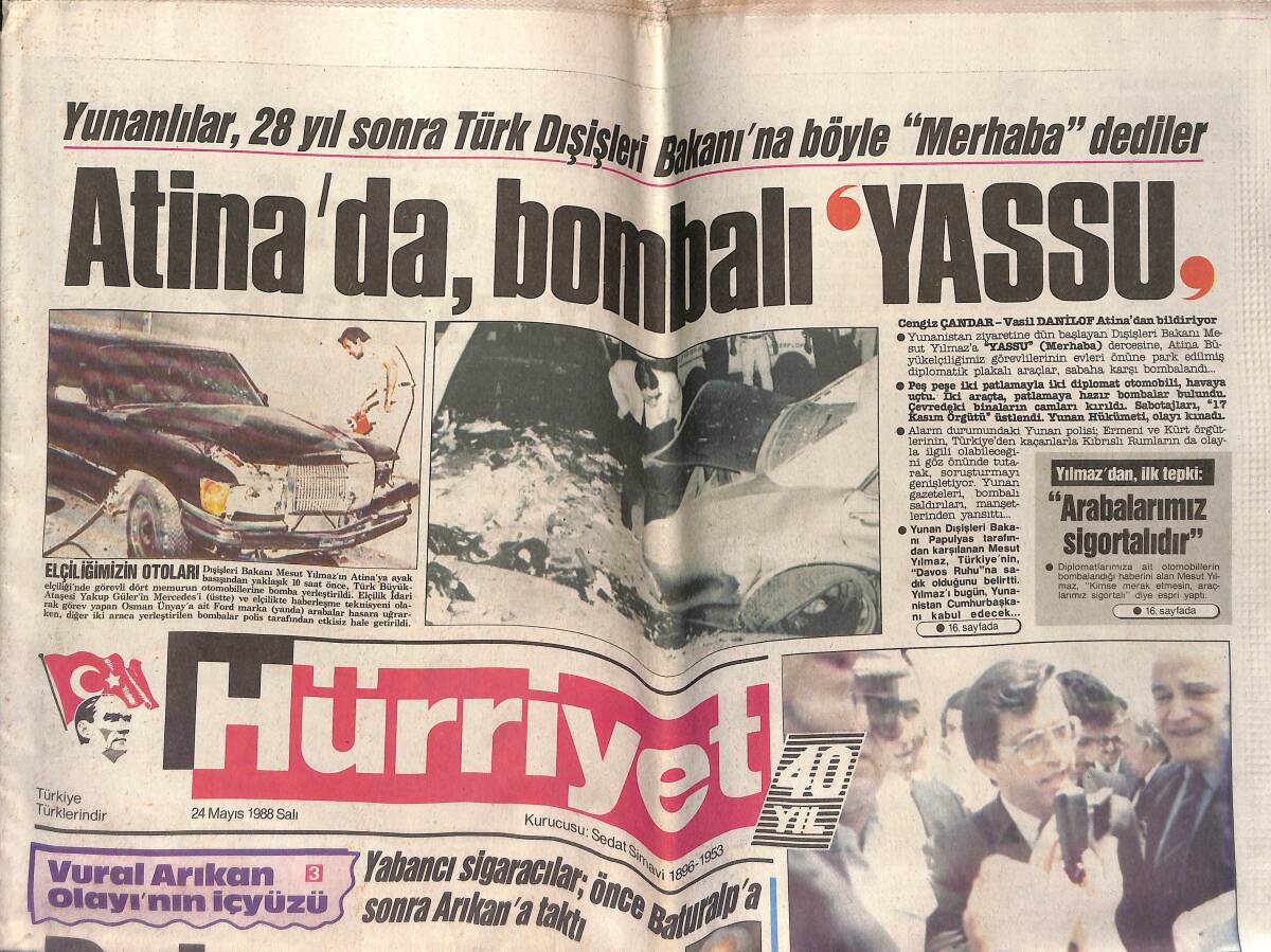 Hürriyet Gazetesi 24 Mayıs 1988 - Atina'da Bombalı Yassu - Aşiret Nişanında 300 Milyonluk Takı: Tatlıses Özal Uçakla Geldi GZ153388 - 1