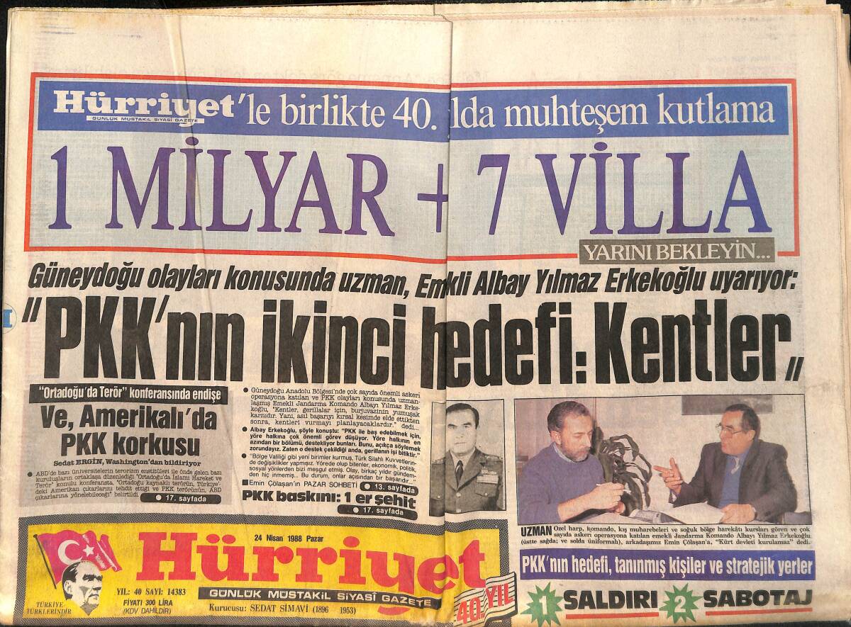 Hürriyet Gazetesi 24 Nisan 1988 - Güneydoğu Olayları Konusunda Uzman , Emekli Albay Yılmaz Erkekoğlu Uyarıyor GZ160183 - 1
