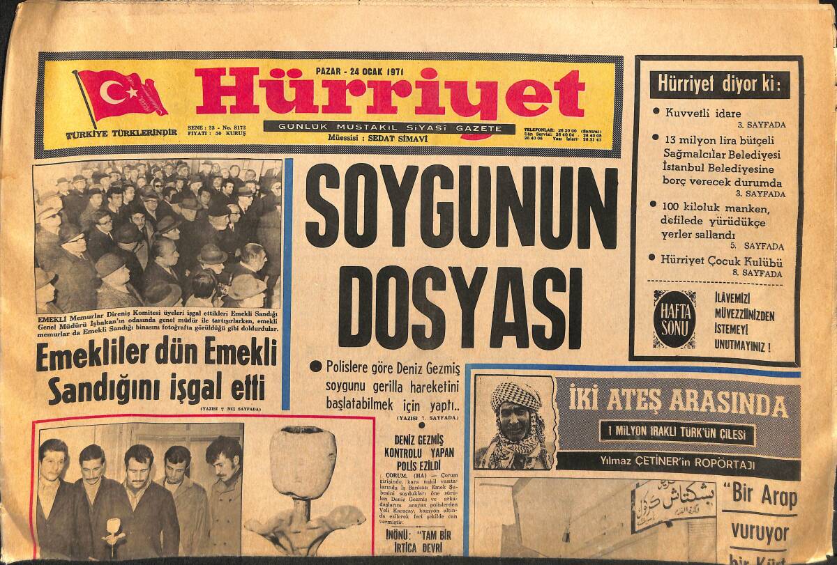 Hürriyet Gazetesi 24 Ocak 1971 - Emekliler Dün Emekli Sandığını İşgal Etti - Deniz Gezmiş Kontrolu Yapan Polis Ezildi GZ147703 - 1