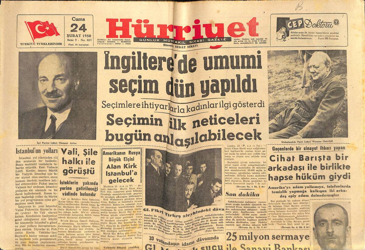 Hürriyet Gazetesi 24 Şubat 1950 - Fatih'e Dua Eden Papaz - İngiltere'de Umumi Seçim Dün Yapıldı - İstanbul'un Yolları GZ142359 - 1