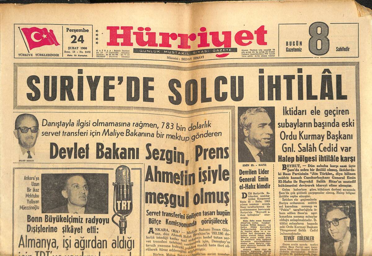 Hürriyet Gazetesi 24 Şubat 1966 - Suriye'de Solcu İhtilal - Fenerbahçe Değişik Bir Tertip Deneyecek GZ142235 - 1