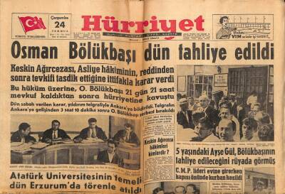 Hürriyet Gazetesi 24 Temmuz 1957 - Osman Bölükbaşı Tahliye Edildi GZ56164 - 1