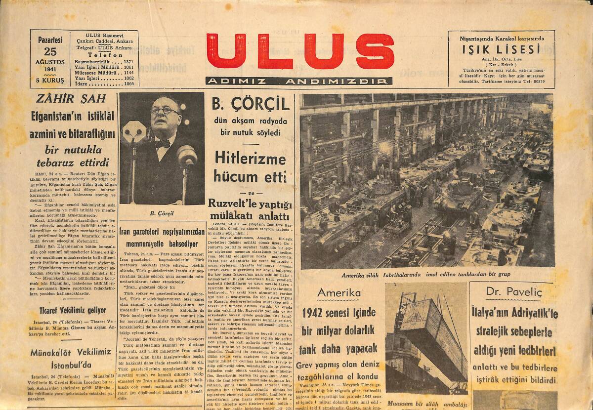 Hürriyet Gazetesi 25 Ağustos 1941 - Amerika Silah Fabrikalarında İmal Edilen Tanklardan Bir Grup - B. Çörçıl Dün Akşam Radyoda Bit Nutuk Söyledi GZ146775 - 1