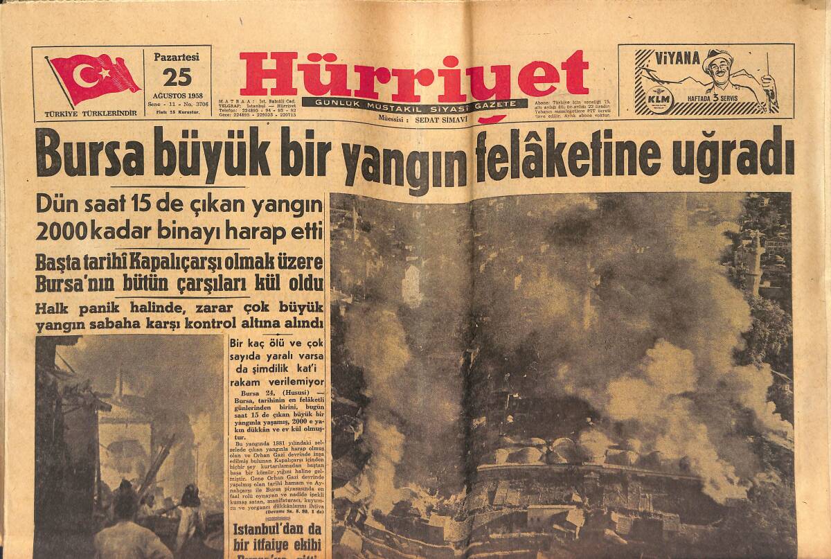 Hürriyet Gazetesi 25 Ağustos 1958 - Bursa Büyük Bir Yangın Felaketine Uğradı - Süreyya Şehnaza Niçin Yalvarmıştı? GZ146893 - 1