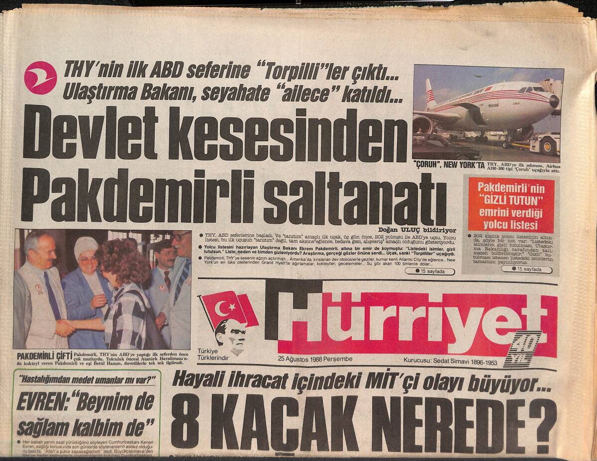 Hürriyet Gazetesi 25 Ağustos 1988 - THY'nin İlk ABD Seferine Torpillier Çıktı...Ulaştırma Bakanı , Seyahate Ailece Katıldı... GZ133168 - 1