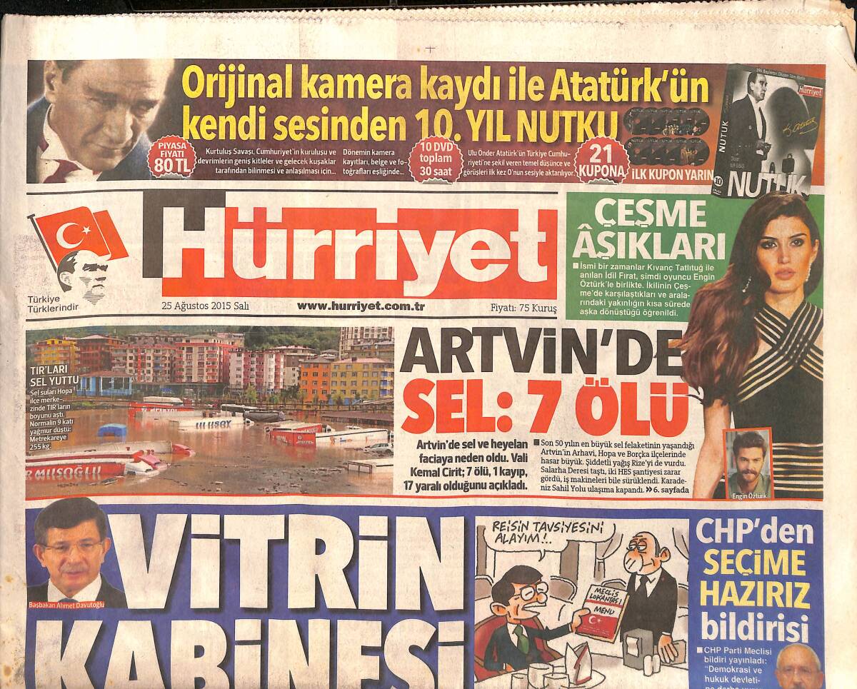 Hürriyet Gazetesi 25 Ağustos 2015 - Artvin'de Sel : 7 Ölü - Dünyada Çin Paniği GZ160231 - 1