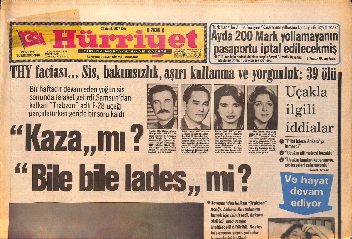 Hürriyet Gazetesi 25 Aralık 1979 - THY faciası... Sis, Bakımsızlık, Aşırı Kullanma ve Yorgunluk 