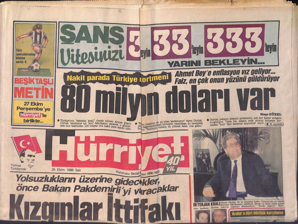 Hürriyet Gazetesi 25 Ekim 1988 - Galatasaray'da Eşlerin İsyanı - Ahmet Dürüst'e Enflasyon Vız Geliyor GZ156000 - 1