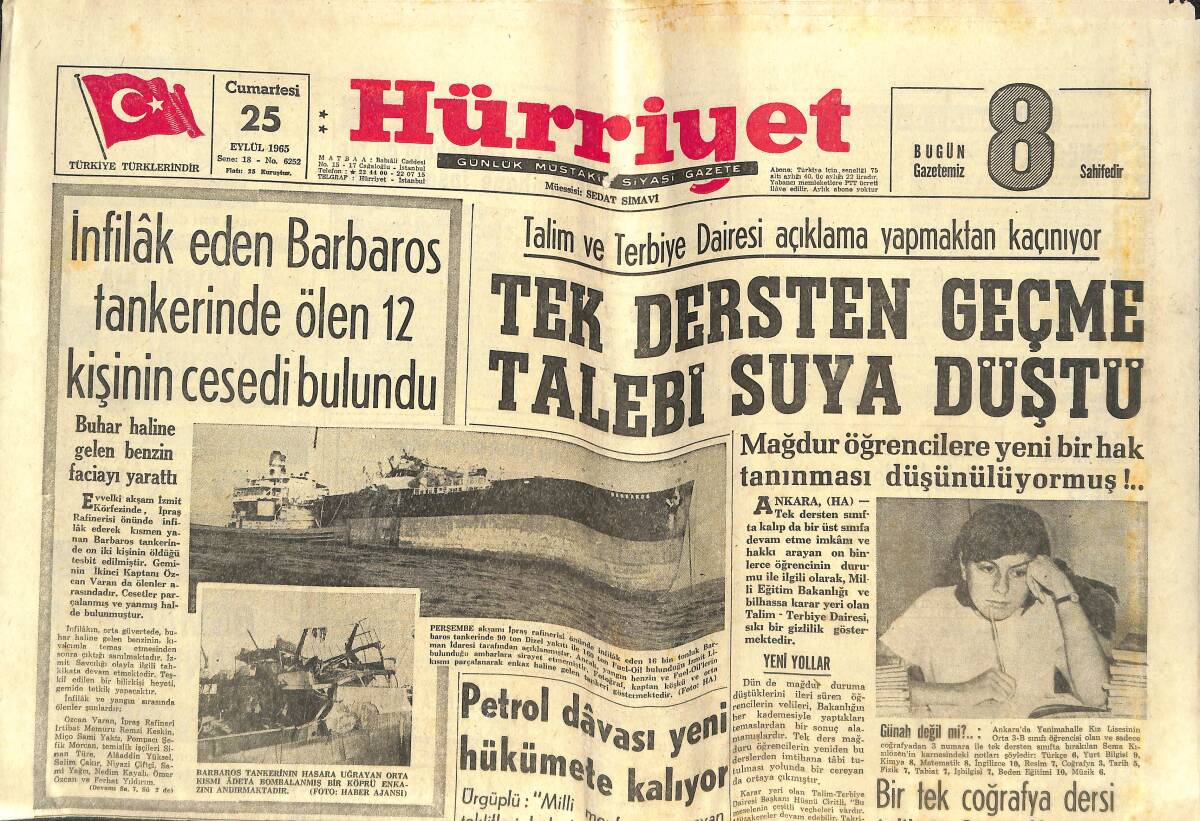 Hürriyet Gazetesi 25 Eylül 1965 - Aysel Tanju Vamp Olarak Yalnız Kaldı - Bir Türk Belçika'da İdama Mahkum Oldu GZ143401 - 1