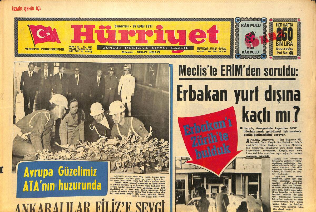 Hürriyet Gazetesi 25 Eylül 1971 - Erbakan Yurt Dışına Kaçtı Mı ? GZ157731 - 1