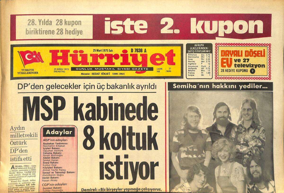 Hürriyet Gazetesi 25 Mart 1975 - Fenerbahçe Koptu Gidiyor - Semiha'nın Hakkını Yediler GZ157532 - 1