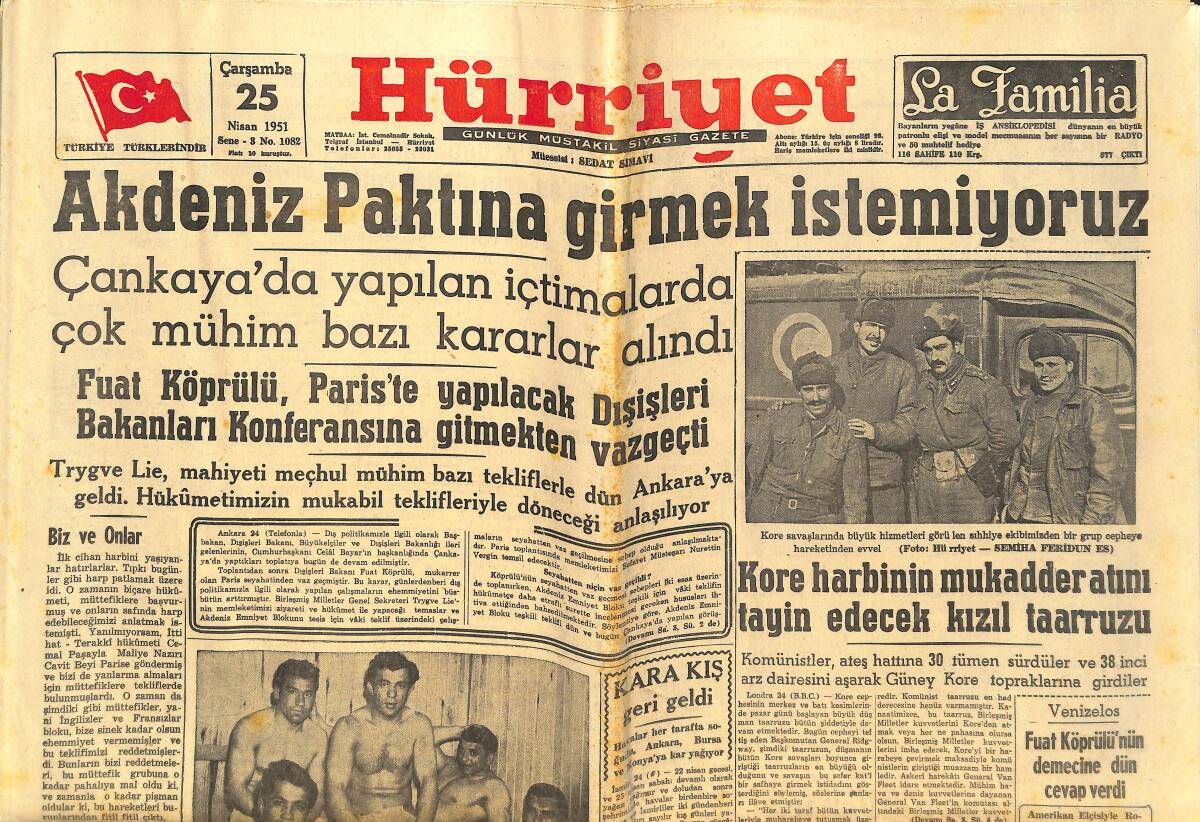 Hürriyet Gazetesi 25 Nisan 1951 - Dünya Güreş Şampiyonası Yarın Başlıyor - Akdeniz Paktına Girmek İstemiyoruz GZ142396 - 1