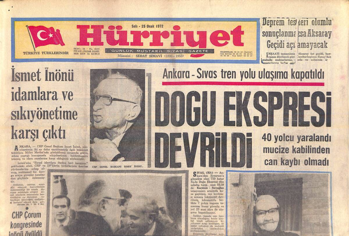 Hürriyet Gazetesi 25 Ocak 1972 - İsmet İnönü İdamlara Ve Sıkıyönetime Karşı Çıktı - Curd Jungers Kendisinden 24 Yaş Genç Karısı İle Barıştı GZ156997 - 1