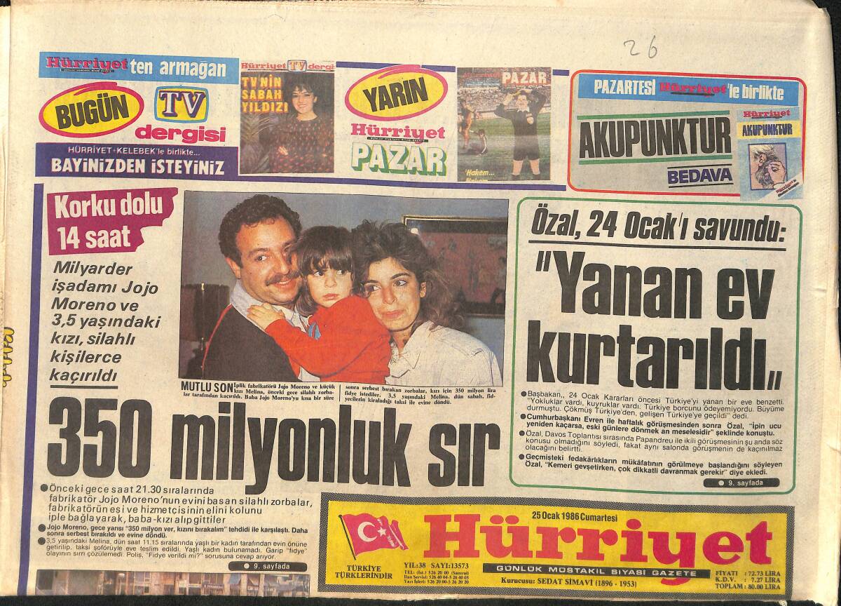 Hürriyet Gazetesi 25 Ocak 1986 - 350 Milyonluk Sır - Özal, 24 Ocak'ı Savundu GZ2428 - 1
