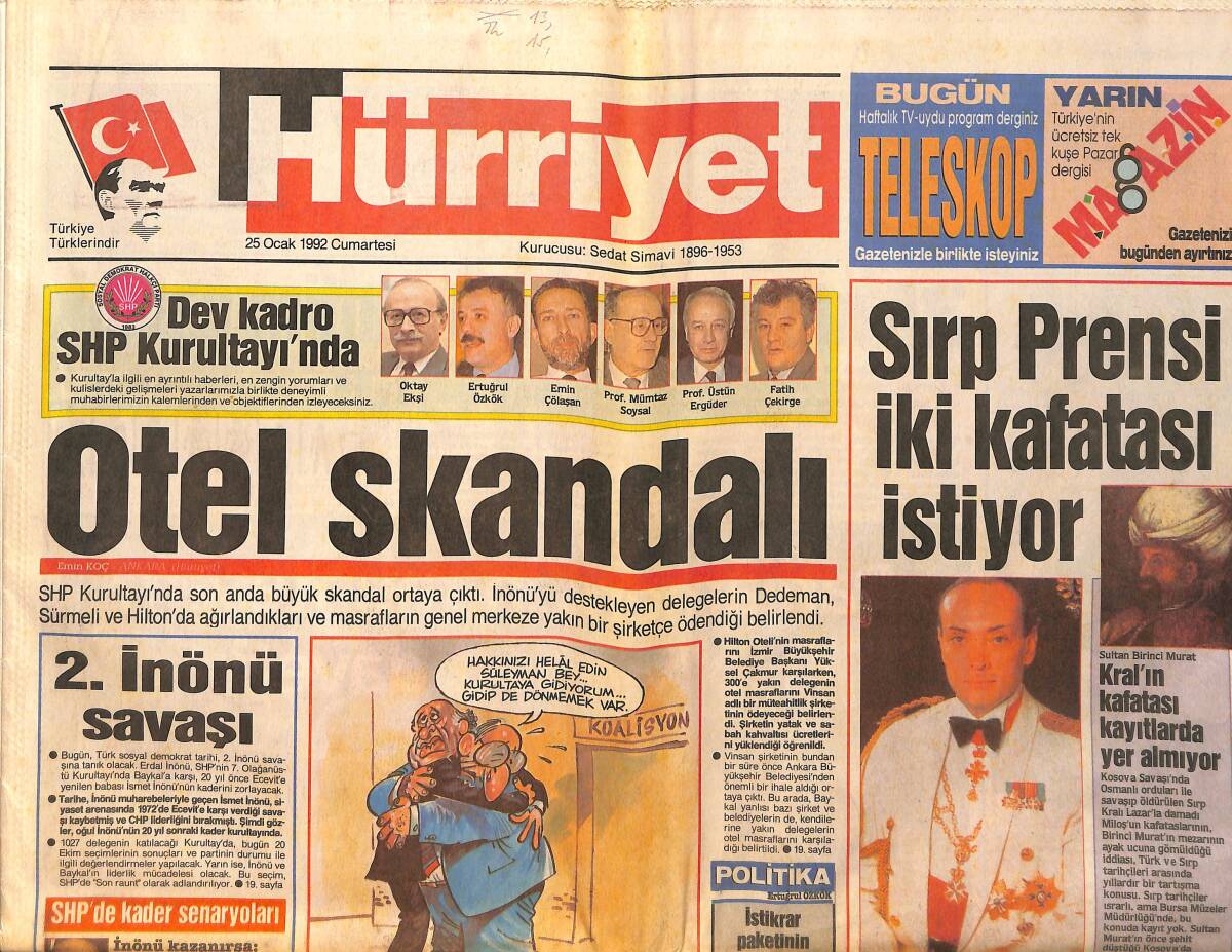 Hürriyet Gazetesi 25 Ocak 1992 - Beşiktaş Yönetimi Berat Etti - ANAP 