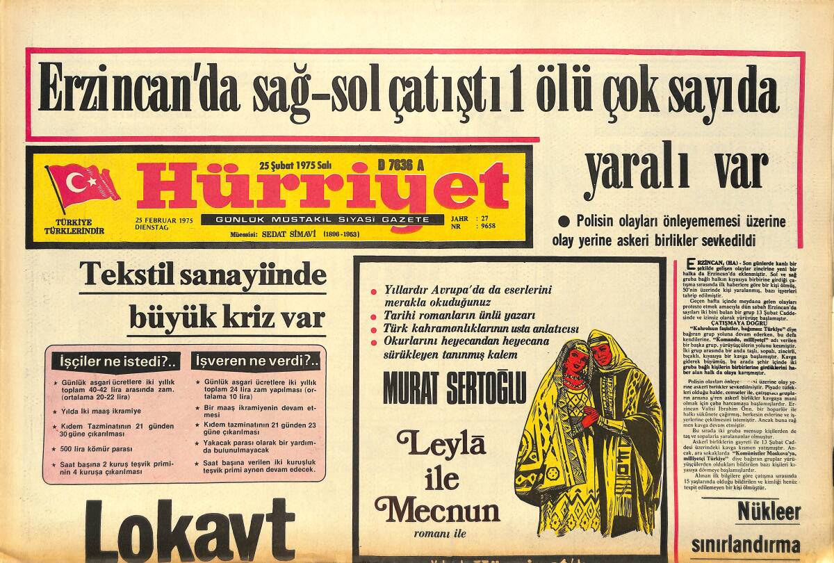 Hürriyet Gazetesi 25 Şubat 1975 - Beşiktaş Lideri Devirdi - Erzincan'da Sağ Sol Çatıştı GZ157536 - 1