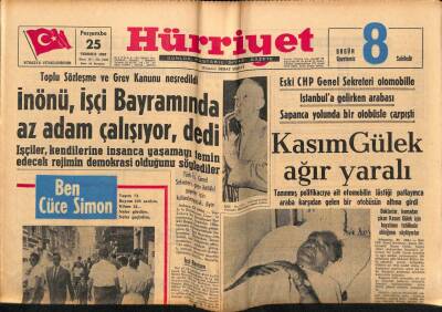 Hürriyet Gazetesi 25 Temmuz 1963 - Eski CHP Genel Sekreteri Kasım Gülek Ağır Yaralı GZ72057 - 1