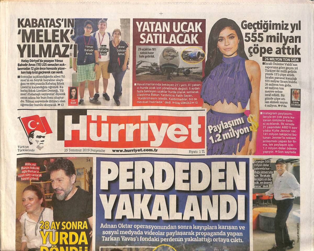 Hürriyet Gazetesi 25 Temmuz 2019 - Kylie Jenner'ın Tek Paylaşımı 1.2 Milyon Dolar - Terim'in Son Bileti Onyekuru'ya GZ154204 - 1