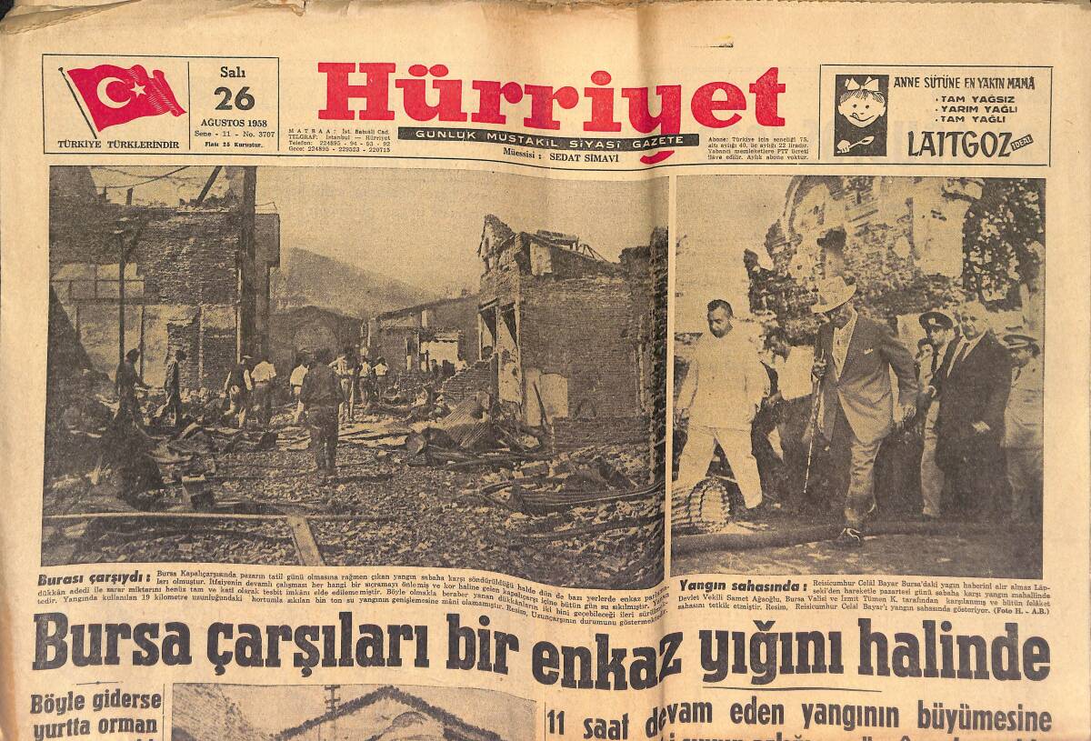 Hürriyet Gazetesi 26 Ağustos 1958 - Bursa Çarşıları Bir Enkaz Haline Geldi - Mylene Demongeot Birdenbire Sivrildi GZ146894 - 1