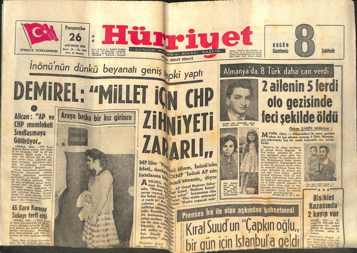 Hürriyet Gazetesi 26 Ağustos 1965 - Von Opel Süreyya İle - Almanya'da 8 Türk Daha Can Verdi GZ143393 - 1